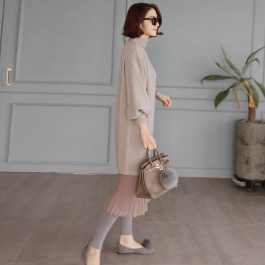 【现货7天】针织灯笼袖连衣裙女 2023春秋新款韩版半高领中长款直筒裙子 商品图3