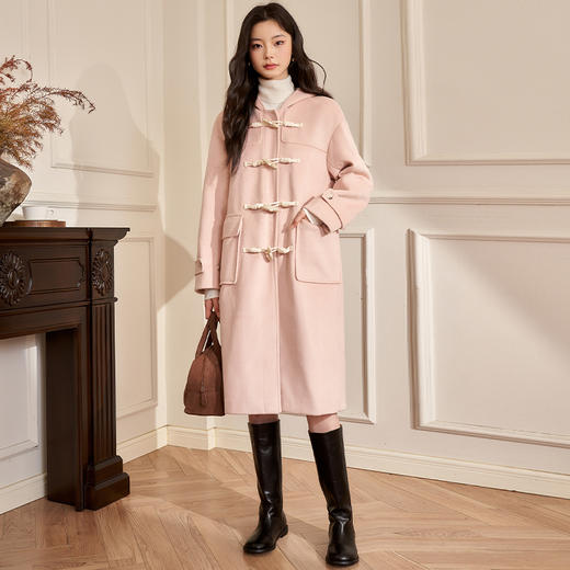 西遇赫本风毛呢外套秋冬新款小众粉色牛角扣大衣连帽外套女D2138677 商品图1