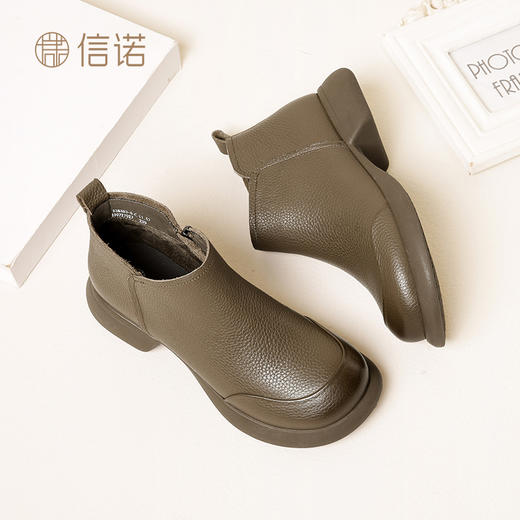 信诺真皮复古妈妈鞋短靴2023新款秋季中年及踝靴休闲软底女单靴子 商品图0