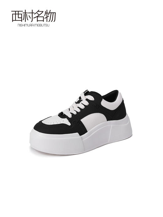 西村名物2023秋季新品女厚底黑白色面包板鞋休闲熊猫鞋皮面T23CM35771 商品图1