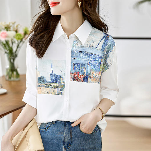 【油画印花白色衬衫】文森特·梵高联名定位印花衬衫 商品图0