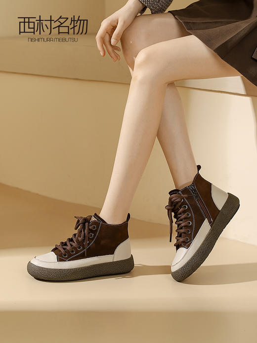 西村名品2023秋季新款平底短靴休闲女鞋英伦手工圆头侧拉链T23DS44171 商品图2