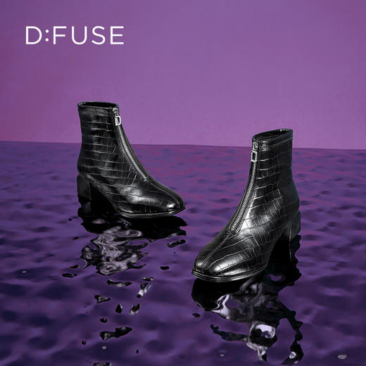 Dfuse迪芙斯冬新款时尚方头压纹前拉链粗跟瘦瘦靴短靴DF34116113 商品图10