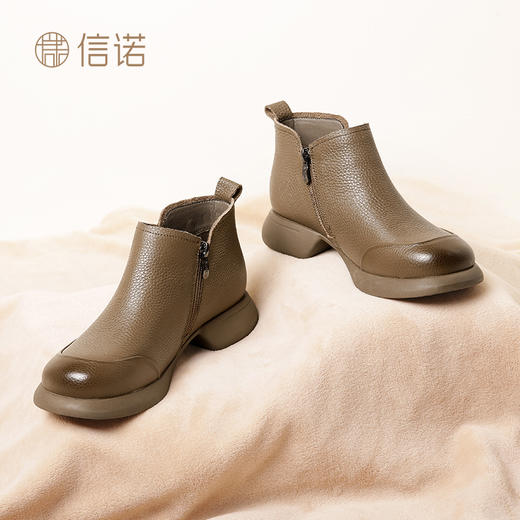 信诺真皮复古妈妈鞋短靴2023新款秋季中年及踝靴休闲软底女单靴子 商品图1
