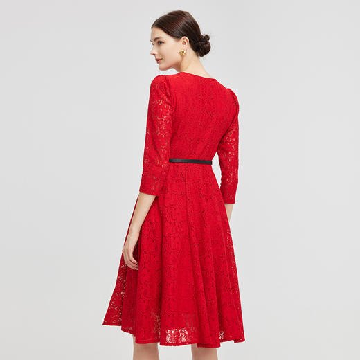 NG841斯尔丽2023秋季新款时尚通勤蕾丝V领连衣裙 商品图1