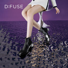 Dfuse迪芙斯冬新款时尚方头压纹前拉链粗跟瘦瘦靴短靴DF34116113
