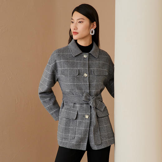 EITIE爱特爱纪冬季款时尚格纹收腰系带显瘦短款毛呢大衣6814518 商品图1