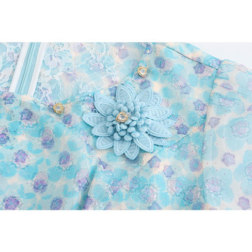 司歌网纱印花长袖连衣裙圆领复古端庄A881316 商品图1