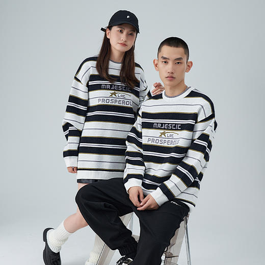 西遇美式条纹毛衣新款复古日系慵懒风oversize针织衫上衣男11932256 商品图0