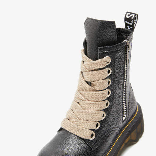 西遇厚底马丁靴女新款秋冬英伦风圆头系带黑色中筒机车靴短靴D0034115 商品图5