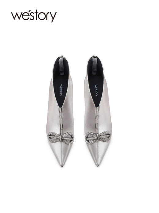 westory2023秋季新品真皮尖头细跟短靴v斜切时尚百搭时装靴W23DS83001 商品图3