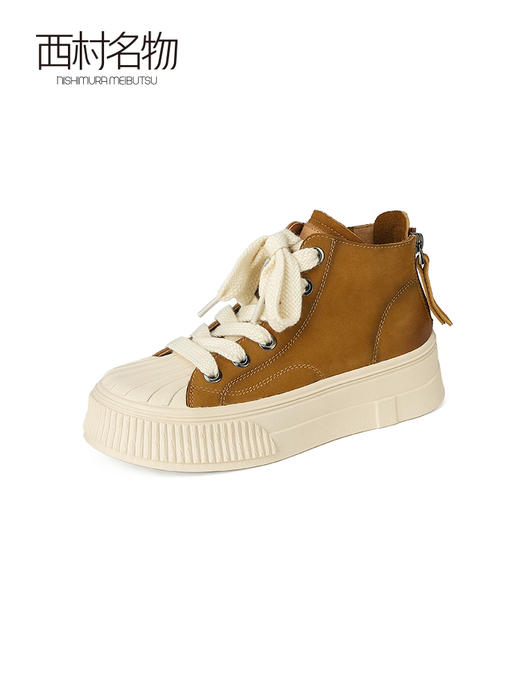 西村名物2023秋季新品百搭真皮平底单鞋学院休闲厚底贝壳头X23DS35521 商品图0