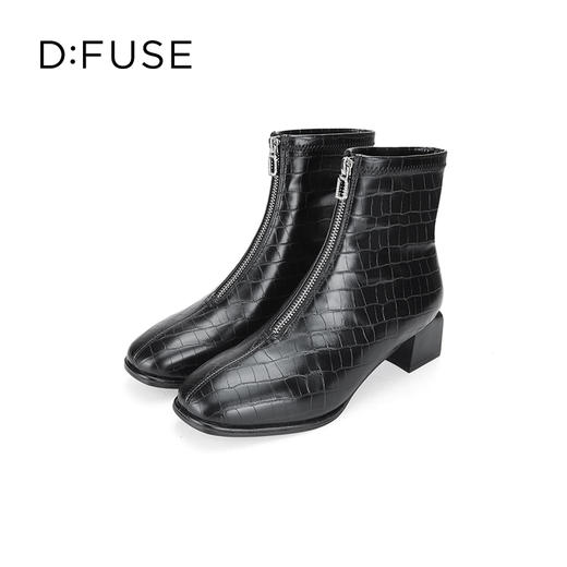 Dfuse迪芙斯冬新款时尚方头压纹前拉链粗跟瘦瘦靴短靴DF34116113 商品图2