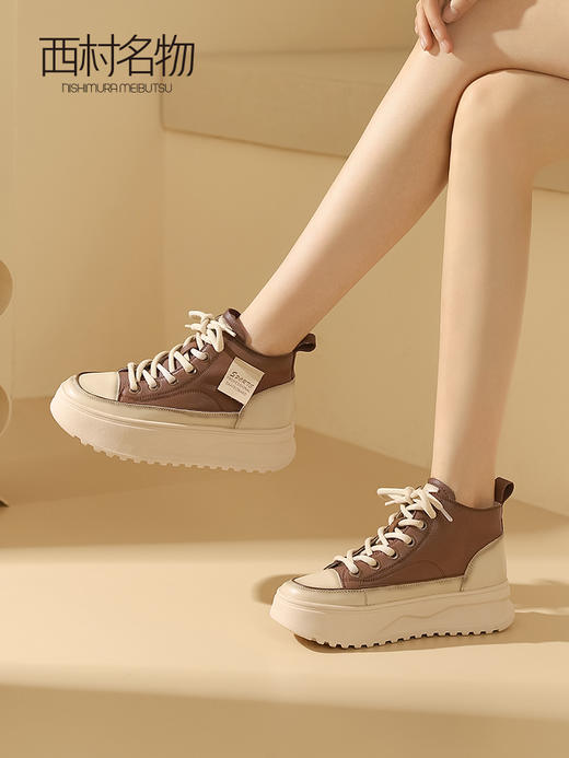 西村名物2023秋季新款高帮厚底松糕鞋短靴圆头复古做旧单鞋X23DS35681 商品图2