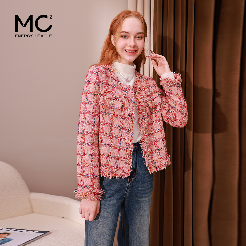 mc2小香风粉色格子外套女2023秋冬新款流水边时尚设计法式名媛风