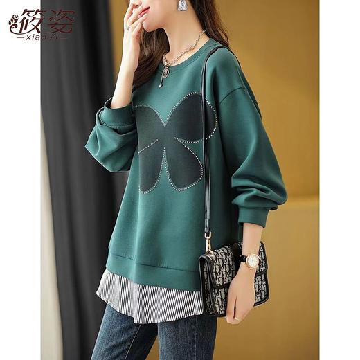 DD-筱姿新款假两件烫钻条纹卫衣外套女2023秋季宽松显瘦长袖上衣 商品图1