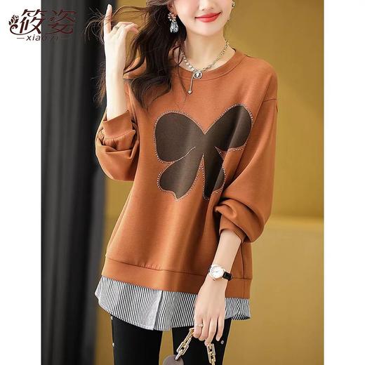 DD-筱姿新款假两件烫钻条纹卫衣外套女2023秋季宽松显瘦长袖上衣 商品图0