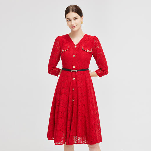 NG841斯尔丽2023秋季新款时尚通勤蕾丝V领连衣裙 商品图0