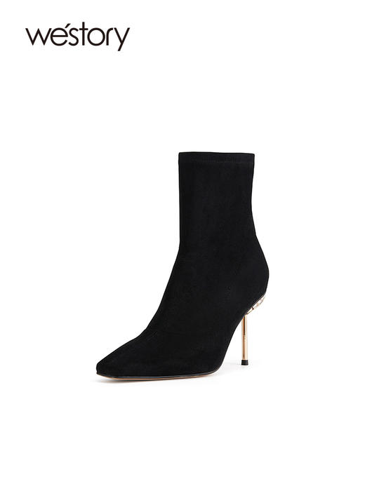 westory2023秋季新款尖头弹力靴子细跟百搭黑色高跟短靴W23DS82741 商品图0