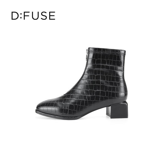 Dfuse迪芙斯冬新款时尚方头压纹前拉链粗跟瘦瘦靴短靴DF34116113 商品图1