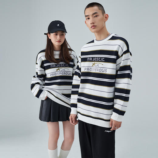 西遇美式条纹毛衣新款复古日系慵懒风oversize针织衫上衣男11932256 商品图3