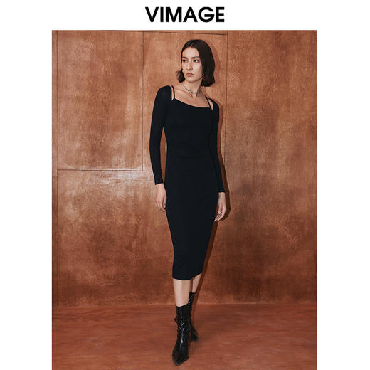 VIMAGE纬漫纪冬季新款纯色百搭洋气收腰连衣裙V2007627 商品图0