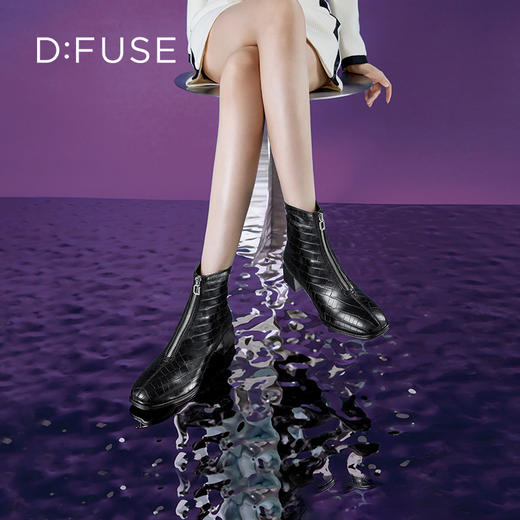 Dfuse迪芙斯冬新款时尚方头压纹前拉链粗跟瘦瘦靴短靴DF34116113 商品图9