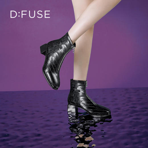 Dfuse迪芙斯冬新款时尚方头压纹前拉链粗跟瘦瘦靴短靴DF34116113 商品图8