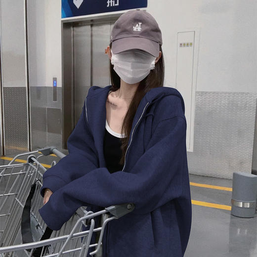 【拉链设计，时尚又方便！】卫衣外套女春秋款开衫拉链连帽加厚秋冬季oversize藏青色上衣拉链设计，便捷时尚；连帽加厚，温暖呵护。lm 商品图0
