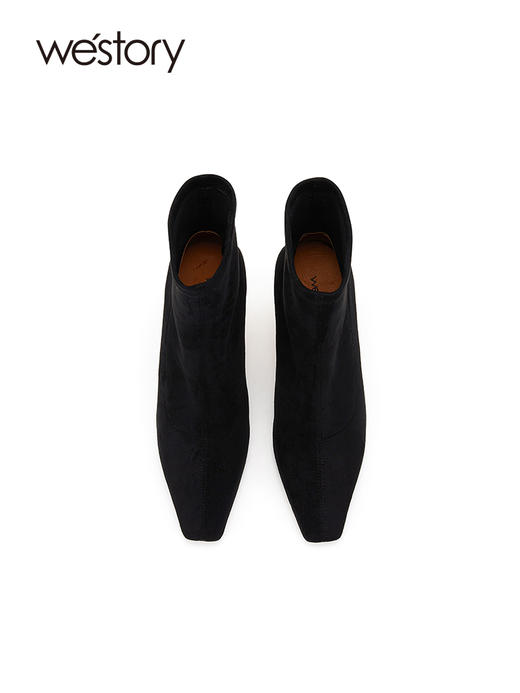 westory2023秋季新款尖头弹力靴子细跟百搭黑色高跟短靴W23DS82741 商品图1
