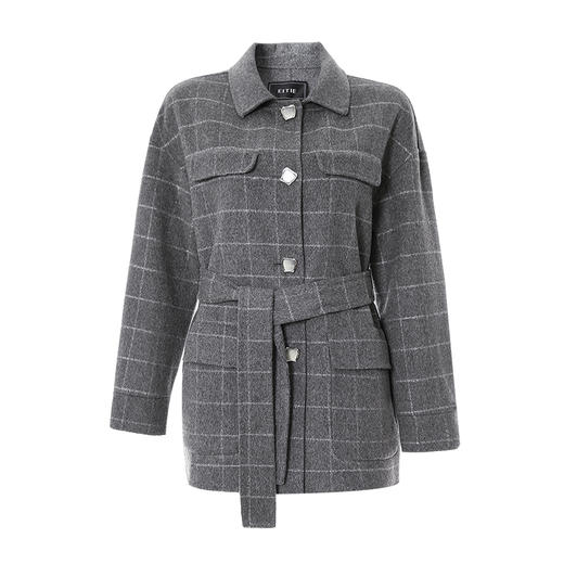 EITIE爱特爱纪冬季款时尚格纹收腰系带显瘦短款毛呢大衣6814518 商品图5