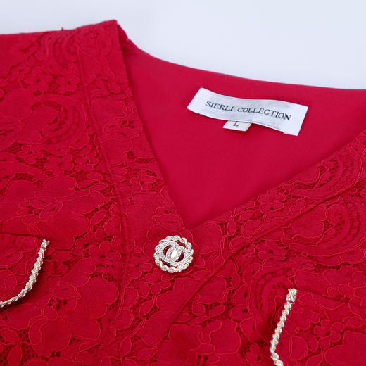 NG841斯尔丽2023秋季新款时尚通勤蕾丝V领连衣裙 商品图4