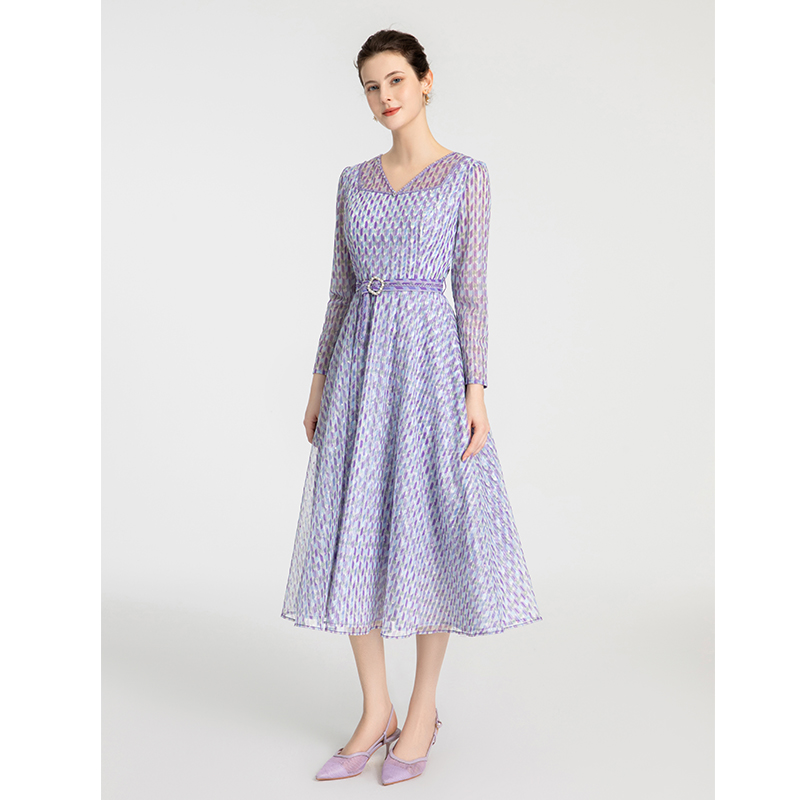 司歌V领端庄几何连衣裙印花气质优雅A881356