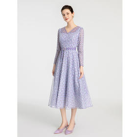 司歌V领端庄几何连衣裙印花气质优雅A881356