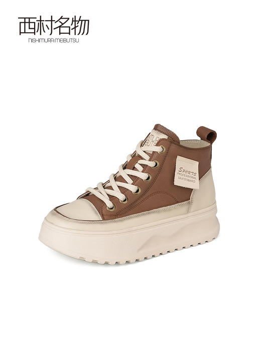 西村名物2023秋季新款高帮厚底松糕鞋短靴圆头复古做旧单鞋X23DS35681 商品图1