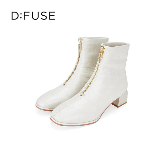 Dfuse迪芙斯冬新款时尚方头压纹前拉链粗跟瘦瘦靴短靴DF34116113 商品图5