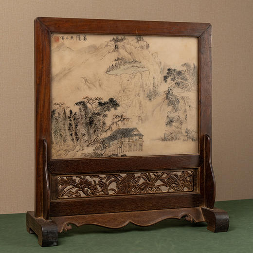 清 红木镶云石绘山水诗文座屏 商品图4