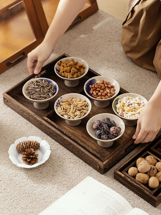 摩登主妇中式茶点点心盘精致下午茶木质托盘零食糕点四宫格干果盘 商品图0