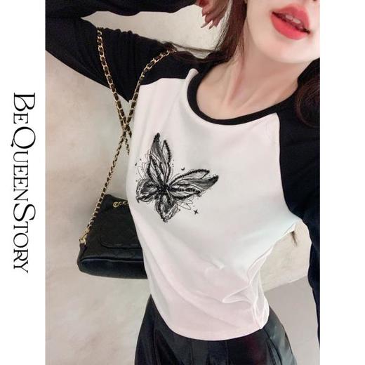 BeQueenStory 【蝴蝶y2k】街头辣妹黑色插肩修身长袖t恤打底上衣 商品图2