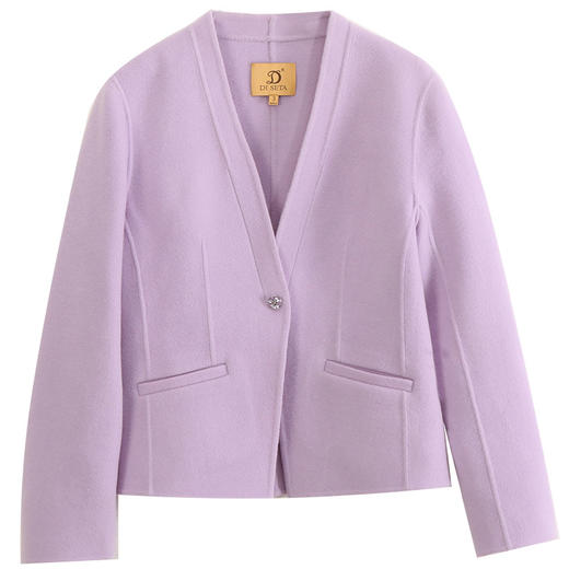 玳莎2023冬新款羊毛双面呢大衣一粒扣优雅紫色气质V领短款外套女  DD37308 商品图4