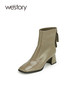 westoy抓皱牛漆皮低跟短靴简约大气法式复古方头靴后拉链设计时尚靴W23DS83161 商品缩略图2