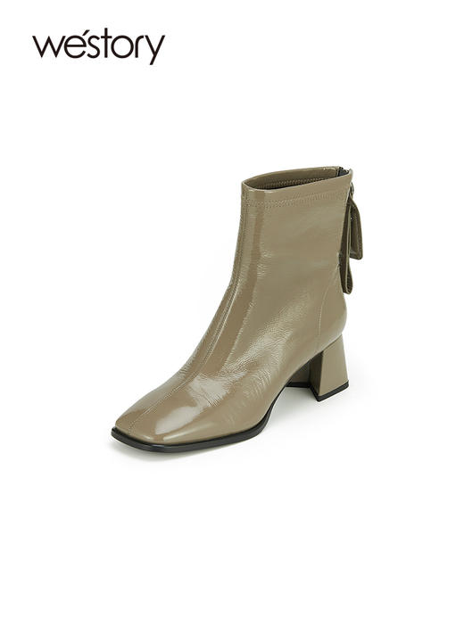 westoy抓皱牛漆皮低跟短靴简约大气法式复古方头靴后拉链设计时尚靴W23DS83161 商品图2