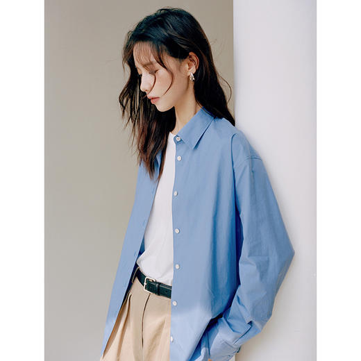 Even Vintage | 高支精梳棉 下摆个性开衩工装长袖蓝衬衫女秋冬 商品图3