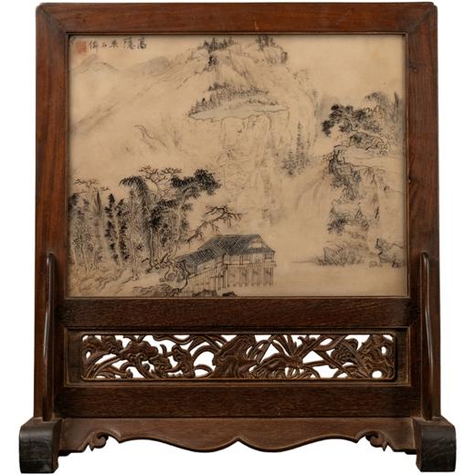 清 红木镶云石绘山水诗文座屏 商品图5