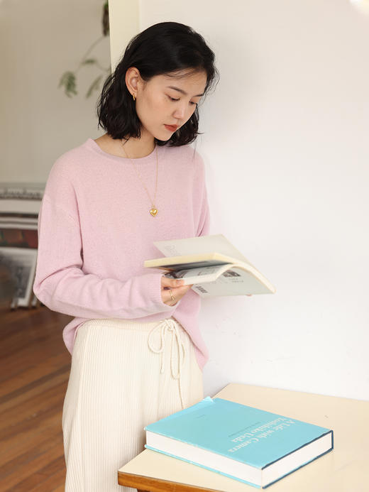 HeyDress100绵羊毛毛衣女秋冬法式圆领宽松针织衫慵懒感套头上衣 商品图0