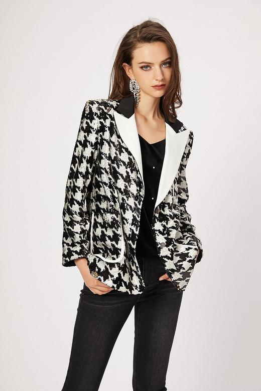 撞色翻领千鸟格双色亮片西装外套 商品图3
