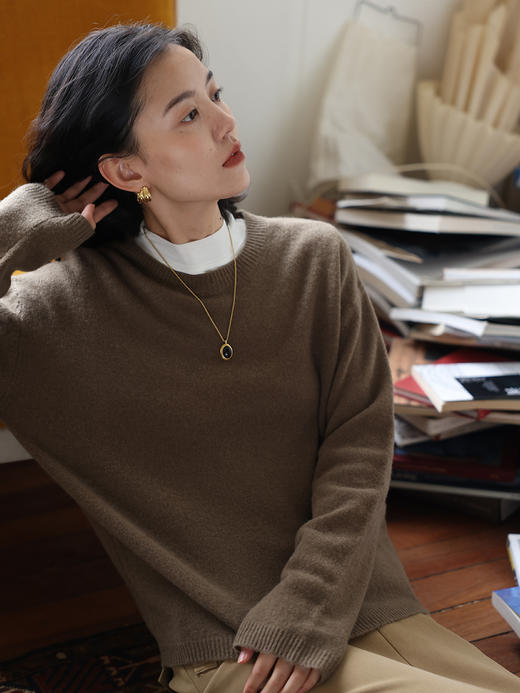 HeyDress100绵羊毛毛衣女秋冬法式圆领宽松针织衫慵懒感套头上衣 商品图2