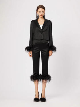 黑色鸵鸟毛可拆式袖口进口缎面醋酸宽松短西装