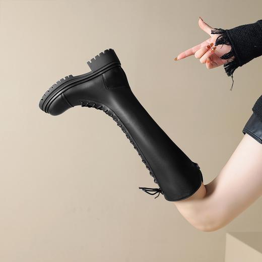 阿么手工女鞋显瘦小个子骑士靴厚底4CM秋冬黑色百搭时尚弹力长靴 商品图3