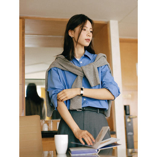 Even Vintage | 高支精梳棉 下摆个性开衩工装长袖蓝衬衫女秋冬 商品图2